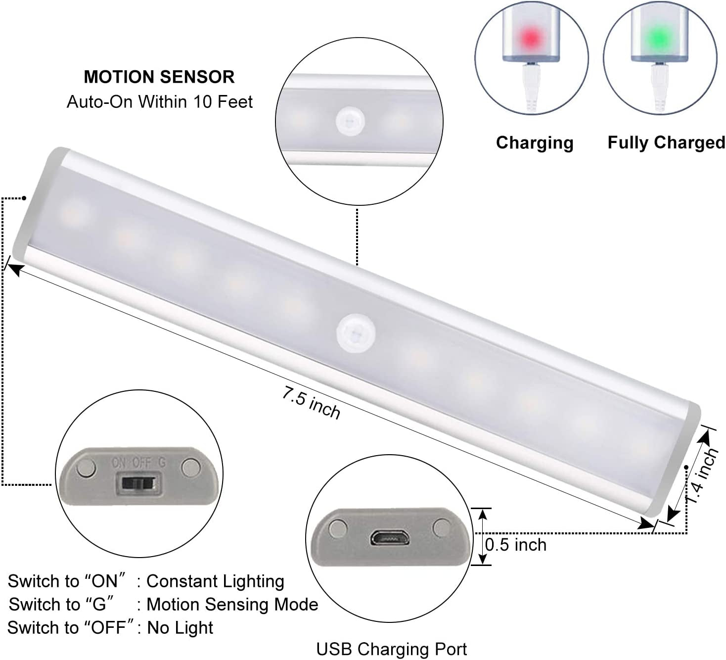 10 LED under Cabinet Lights, under Cabinet Light,Closet Lights Motion Sensor Light,Usb Rechargeable Stick-On Stairs Step Light Bar, LED Night Light Magnetic Closet Lighting, (2 Pack)